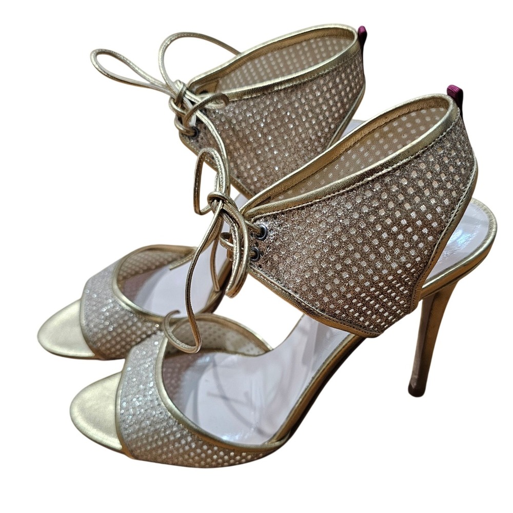 SJP Sarah Jessica Parker Heels Womens 39.5 Gold Glitter Mesh Lace Up Sandals 9.5